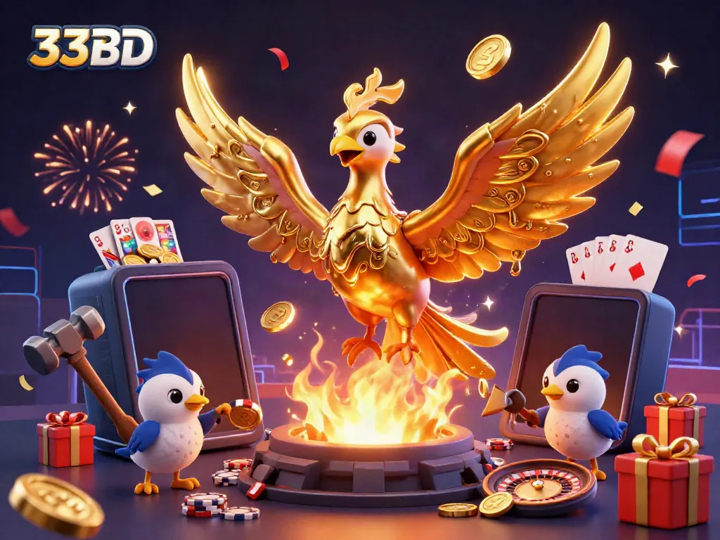 Engage with 33BD: Experience vibrant gaming magic with a golden phoenix and slot games.