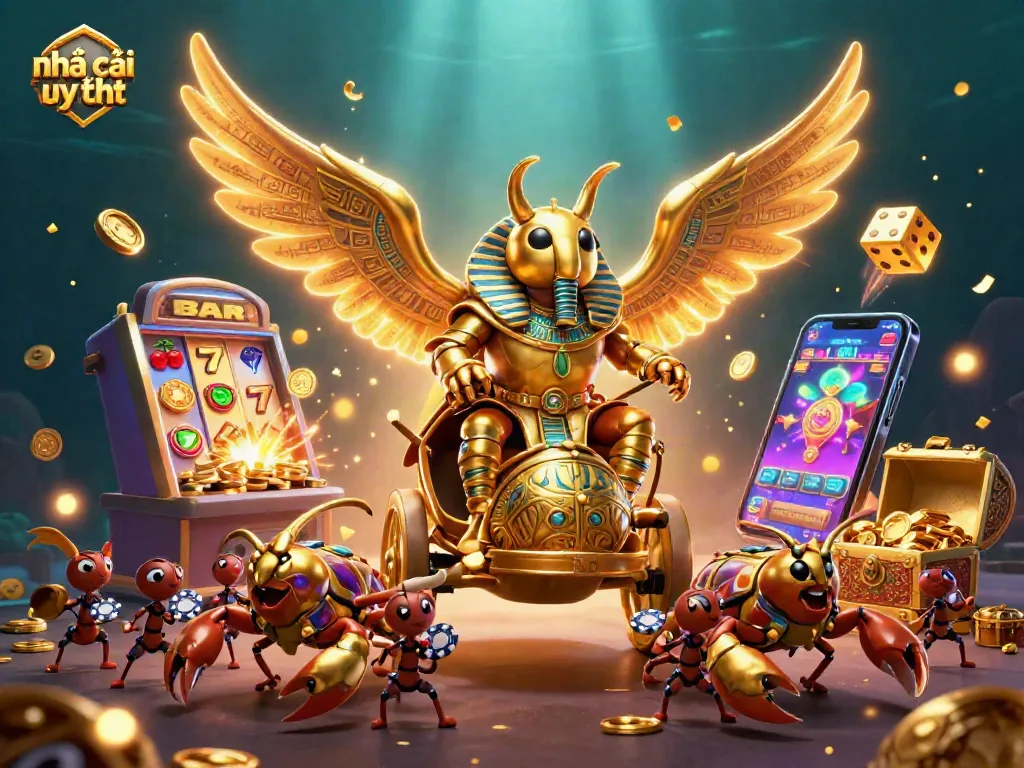Experience the excitement at Nhà cái uy tín with a flashy scene featuring a golden chariot and jackpot explosions.
