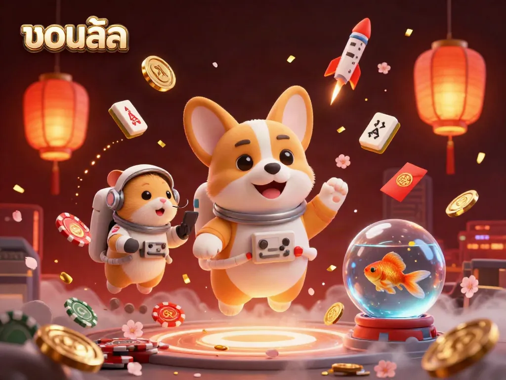 Experience thrilling action in บอลสด with this vibrant space-themed casino scene featuring a floating corgi and animated characters, rich in detail.