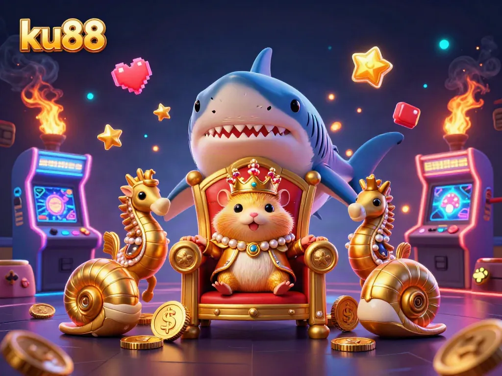 Join the fun at ku88 with a vibrant gold hamster king and arcade games in a lively casino scene.