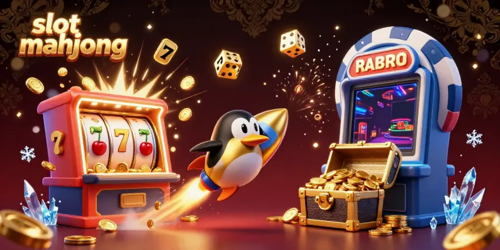 Slot mahjong menampilkan penguin emas terbang dan jackpot mengeluarkan koin.