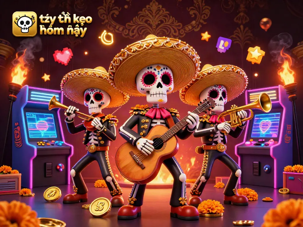 Bet on tỷ lệ kèo nhà cái hôm nay with a lively scene featuring mariachi skeletons and colorful gaming elements.