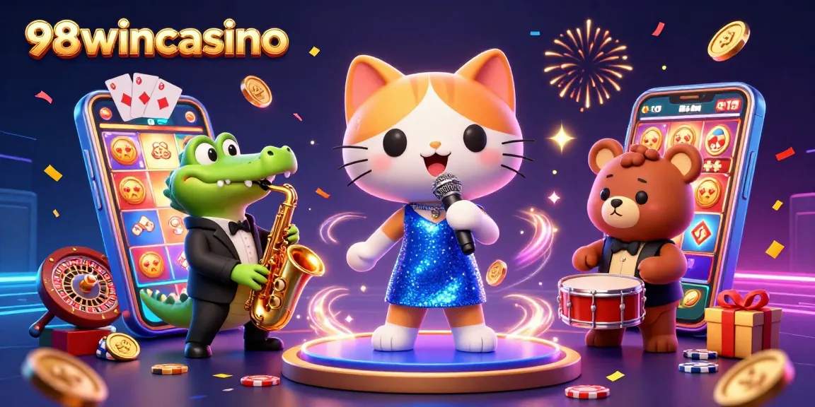 Engage with thrilling games at 98wincasino with vibrant characters and festive casino elements.