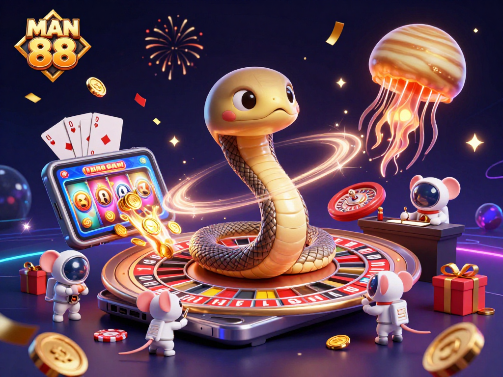 Experience thrilling bets with MAN 88 in a vibrant cosmic casino featuring playful astronaut mice and a roulette wheel.