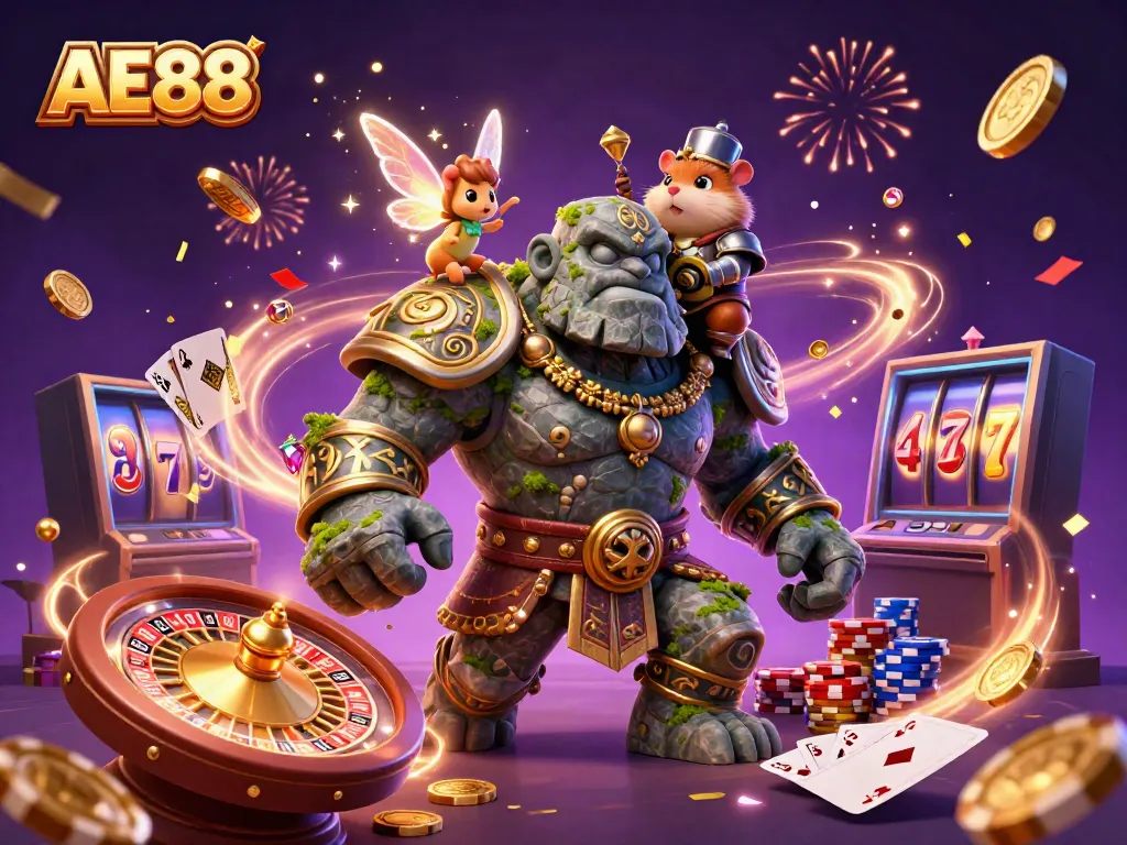 Spin and win at AE88 with the magical golem, fairy, and knight in this vibrant casino scene.