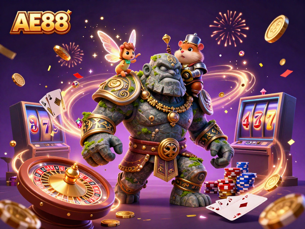 Spin and win at AE88 with the magical golem, fairy, and knight in this vibrant casino scene.