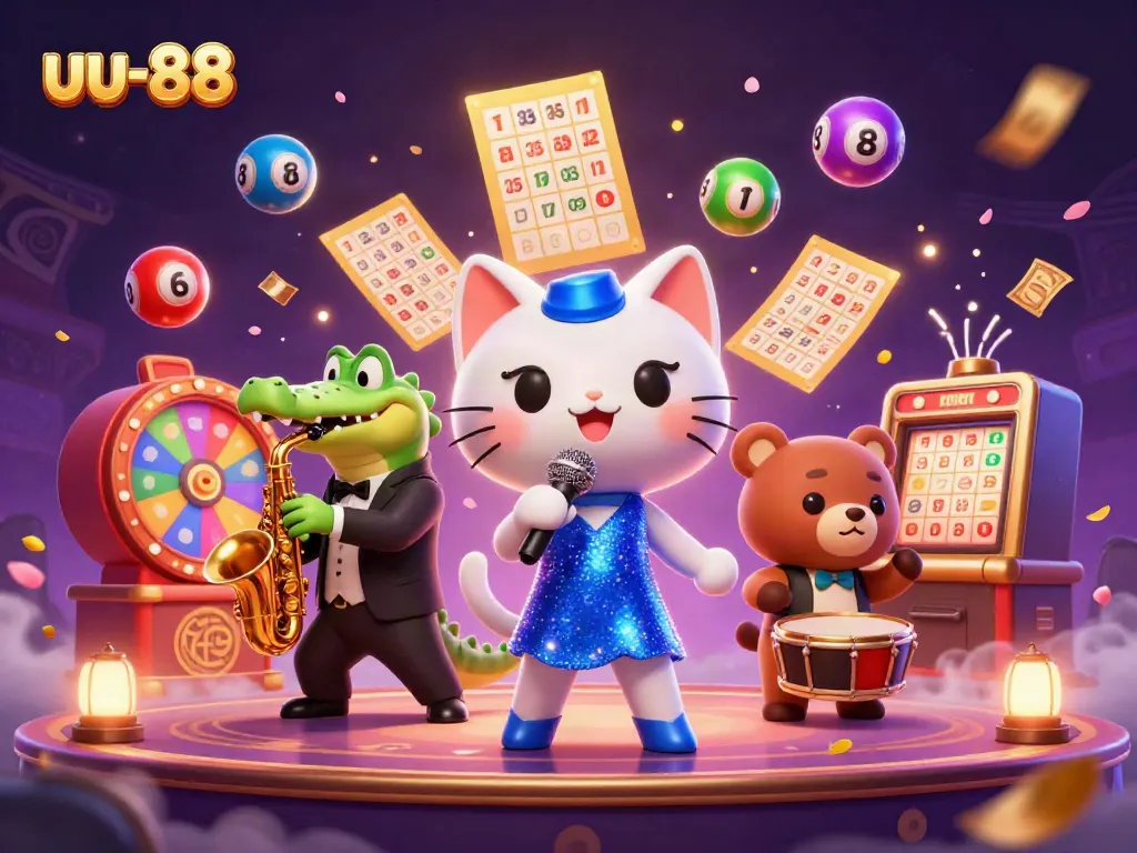 uu-88 immersive casino scene featuring a jazz-singer cat, saxophone crocodile, and drum bear surrounded by colorful gaming elements.