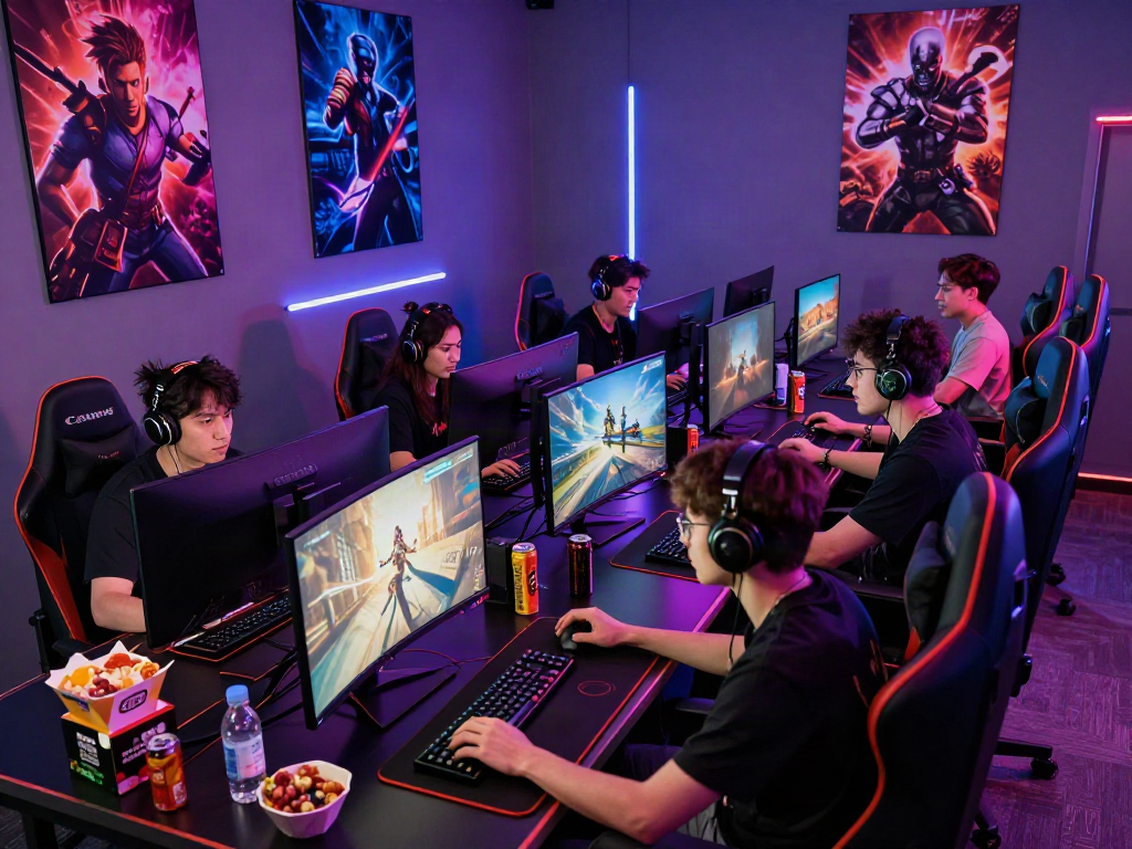 Exciting gaming room scene with diverse players enjoying a porn game with vibrant RGB lighting.
