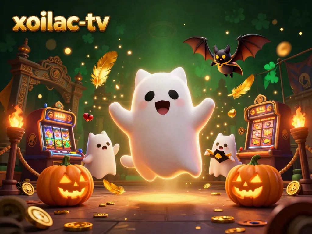 Experience thrilling gameplay on xoilac-tv with a friendly ghost cat and bat in a dynamic casino scene.