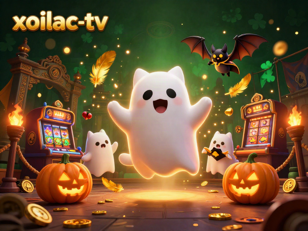 Experience thrilling gameplay on xoilac-tv with a friendly ghost cat and bat in a dynamic casino scene.