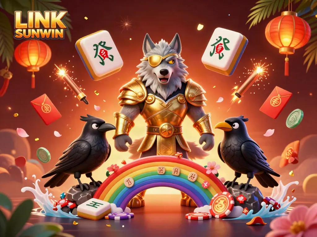 Engage with LINK SUNWIN as Odin wolf and ravens illuminate a vibrant casino chip bridge.