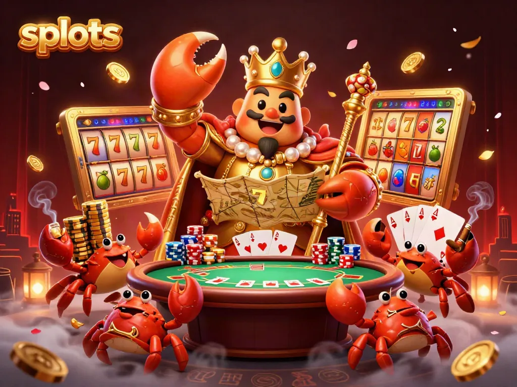 Experience dynamic slots gameplay with a golden crab emperor and vibrant casino elements in action.