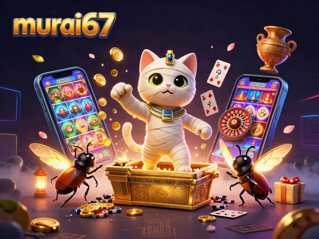 Engage in thrilling gameplay with murai67 as an Egyptian mummy cat and a scarab beetle lead the action in this dynamic casino illustration.