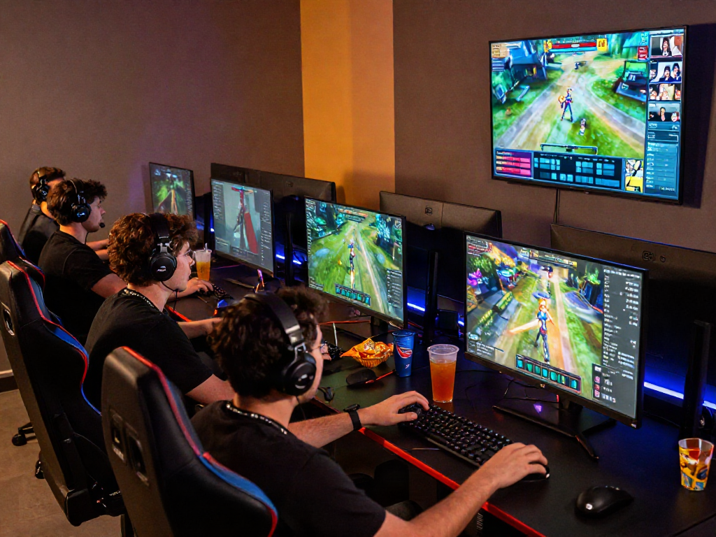 Engaged gaming community enjoying QQMacan multiplayer online games, high-tech setups, and vibrant atmosphere.