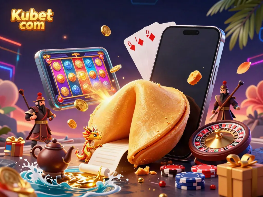 Engage in fun gaming sessions at Kubet com featuring a vibrant 3D casino scene with rich elements.