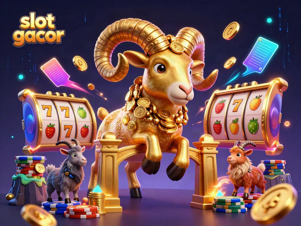 Witness the vibrant slot gacor scene with a golden ram charging through a gate, surrounded by slot reels and dynamic elements.