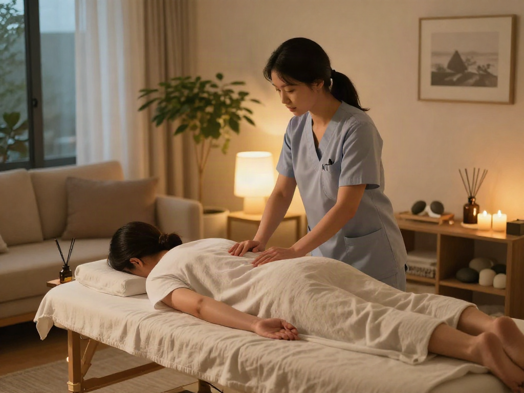 Relaxing 강북출장마사지 session in a tranquil home setting with a professional therapist.