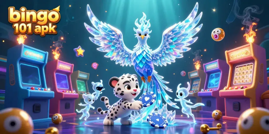 Bermain bingo 101 apk secara menyenangkan dengan phoenix es, anak macan tutul, dan sprite es dalam suasana permainan.
