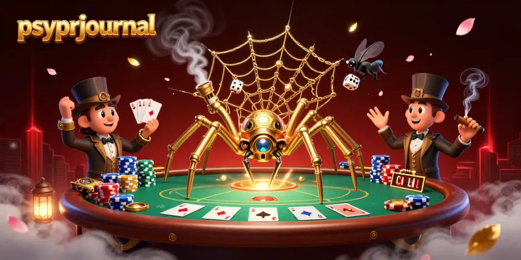 Ilustrasi 3D yang memperlihatkan psyprjournal dengan laba-laba steampunk menangkap dadu sial dalam jaring emas.
