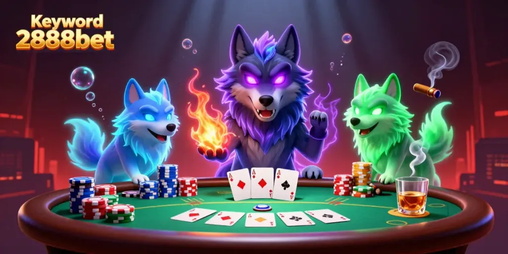 Experience the excitement of Keyword 2888bet with vibrant poker action featuring unique wolf characters.