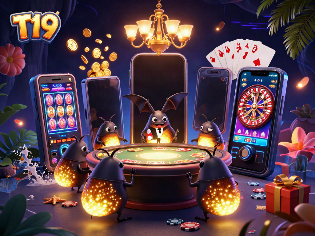 Experience T19's vibrant cave casino, with glowworms illuminating games and a bat dealer, showcasing exciting play.