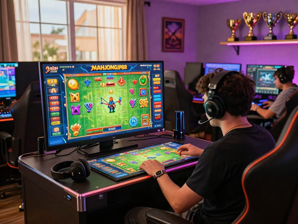 Excited player enjoying a Slot MAHJONGJP88 game in a lively gaming setup with ambient lighting.
