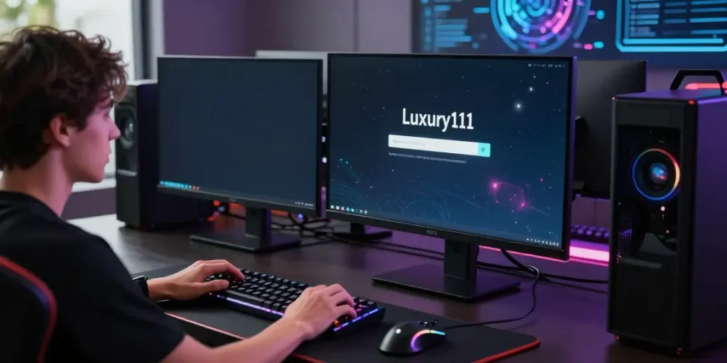 luxury111 login screen displayed on a gaming monitor in a vibrant setup