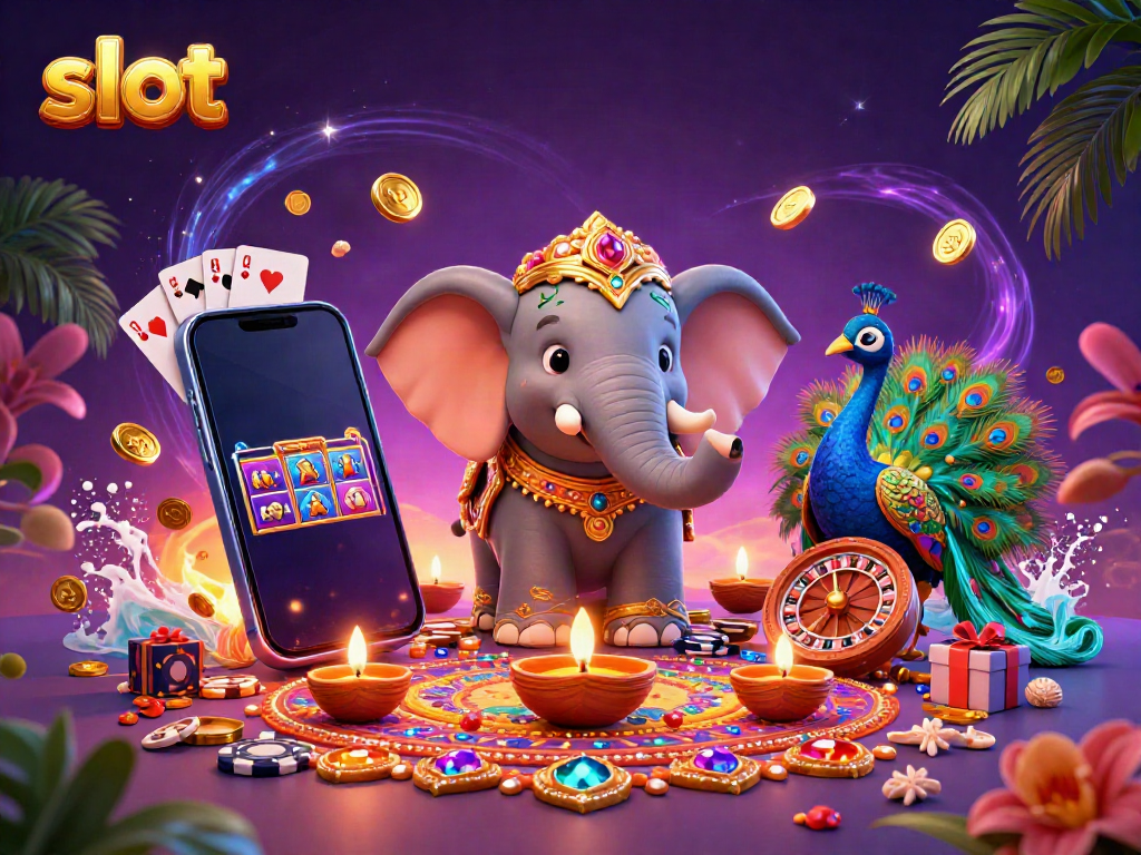 Experience vibrant slots with a 3D Diwali elephant and peacock, showcasing casino elements.