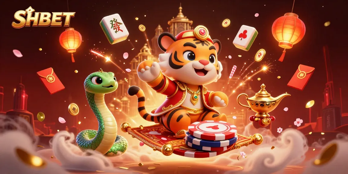 Experience the vibrant world of SHBET’s online casino with a dynamic illustration featuring a tiger sultan, genie, and rich gaming elements.