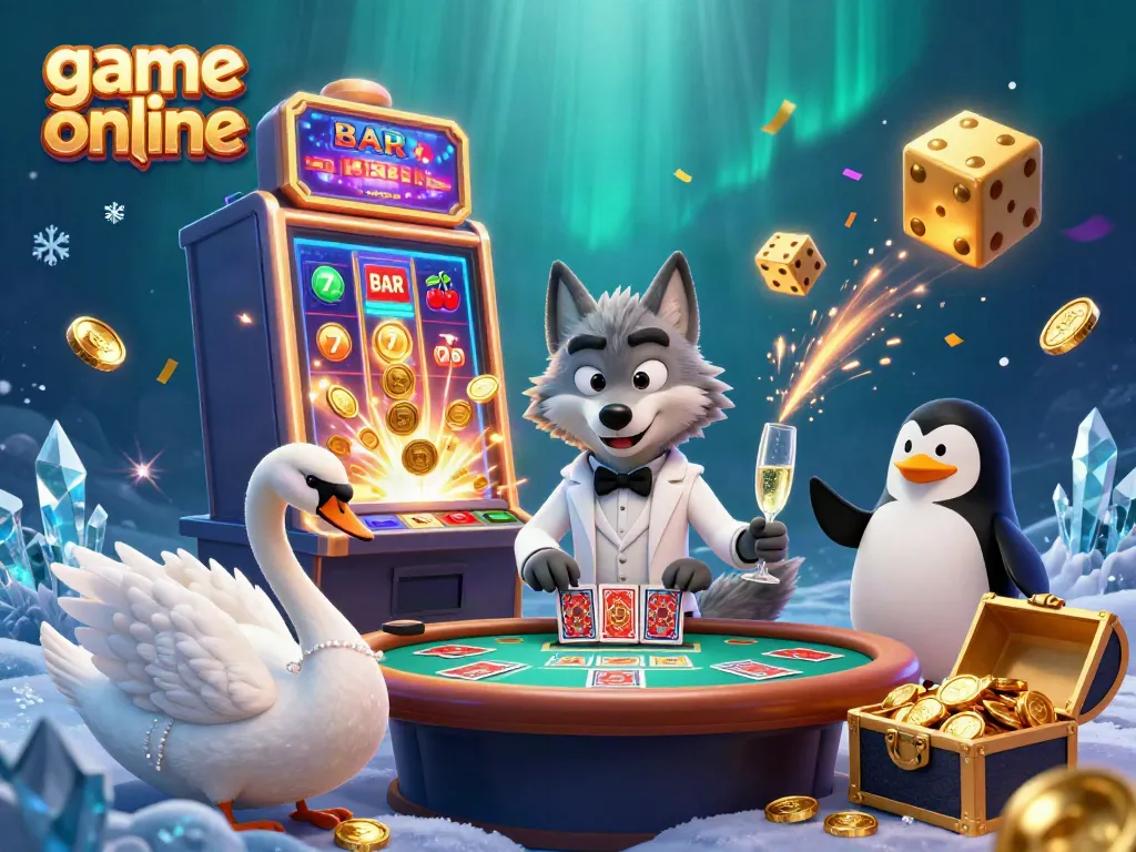 Play thrilling game online with a debonair wolf, elegant swan, and penguin at a vibrant casino scene.