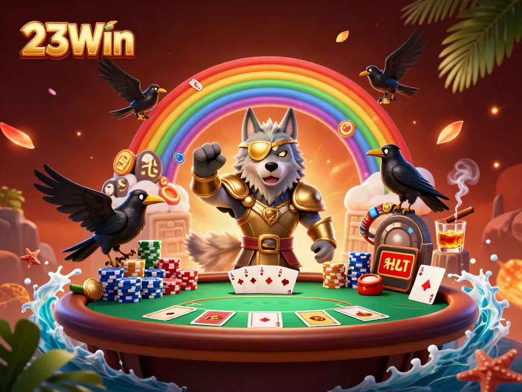 Engage with 23Win's thrilling casino experience featuring Odin and ravens amidst vibrant gaming elements.