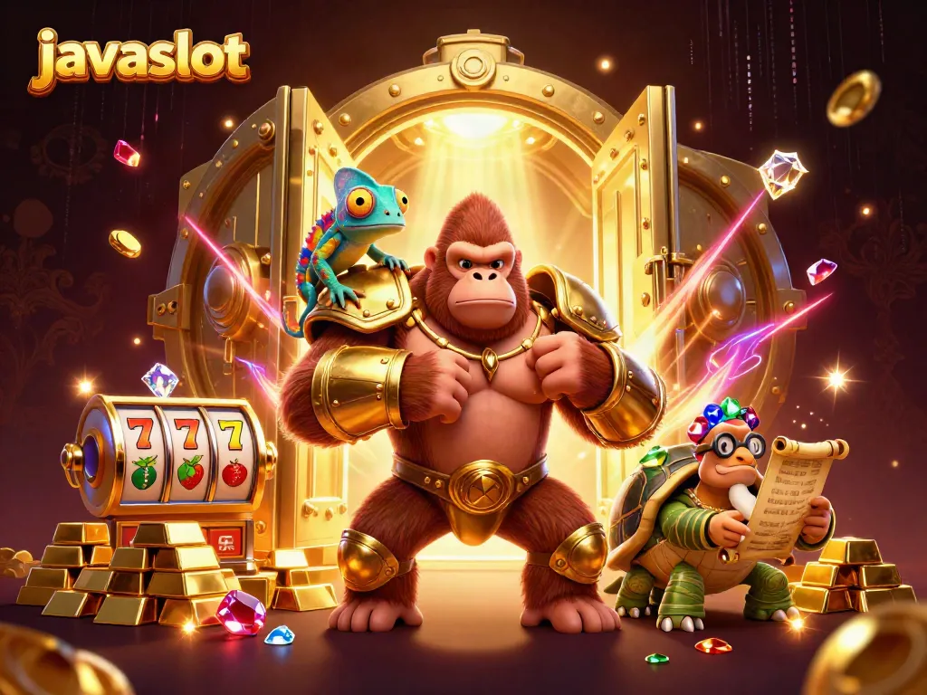 Slot javaslot dengan raja gorila berarmor emas dan teman chameleon dalam suasana glamor.