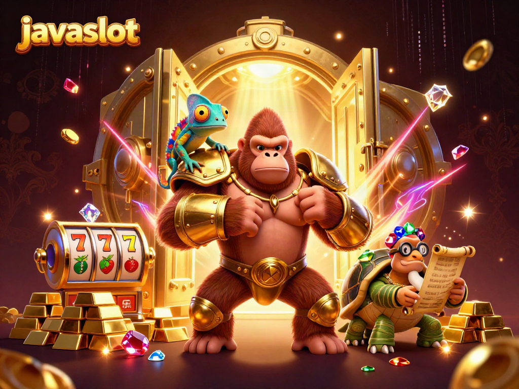 Slot javaslot dengan raja gorila berarmor emas dan teman chameleon dalam suasana glamor.