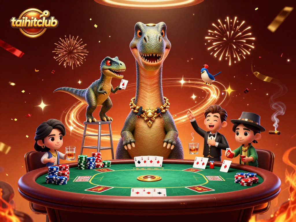 Experience the excitement of taihitclub as a giant brontosaurus watches over a thrilling poker game.