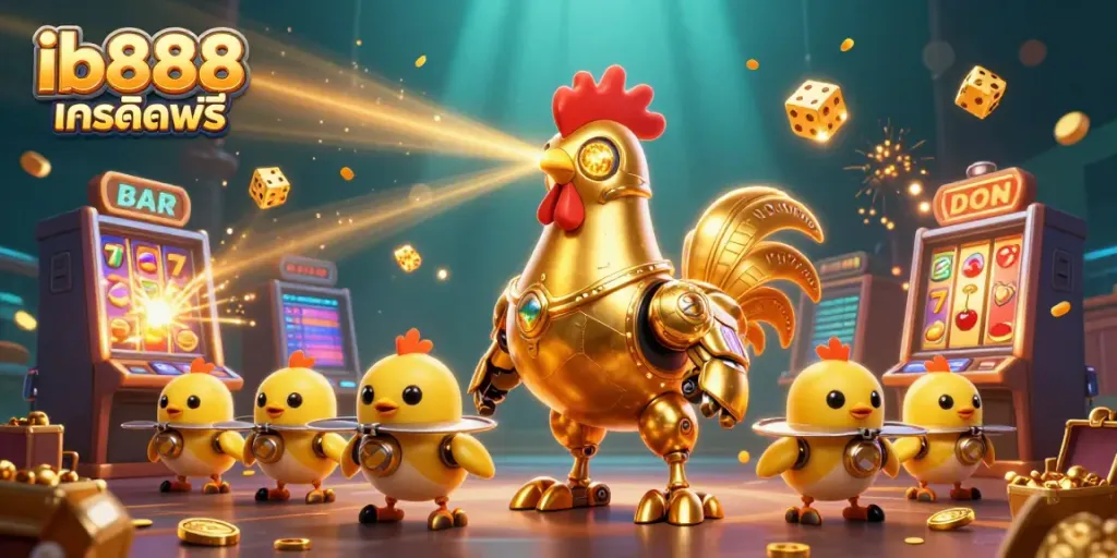 รูปลักษณ์ที่น่าตื่นเต้นของ ib888 เครดิตฟรี กับหุ่นยนต์ไก่ทองคำในคาสิโน 3D