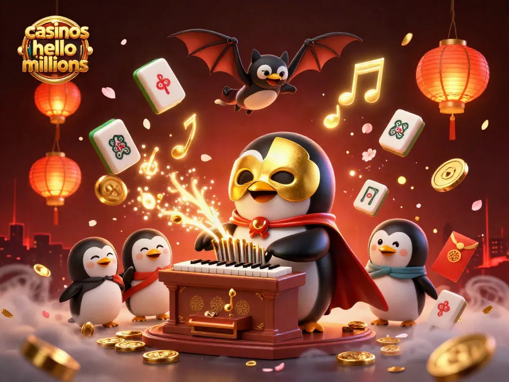Experience casinos like hello millions where a penguin plays music as golden coins flow amidst vibrant gaming elements.