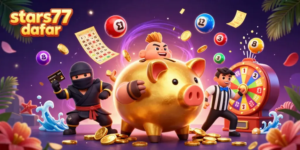 Permainan seru stars77 daftar dengan karakter unik di latar belakang yang kaya informasi perjudian.