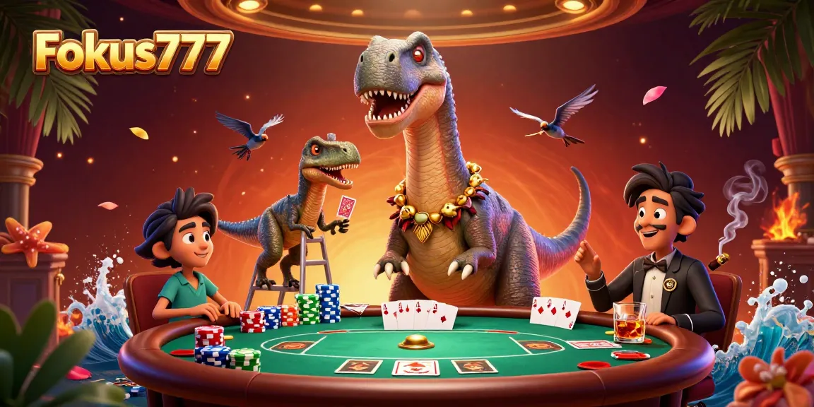 Engage in thrilling poker action with Fokus777 showcasing a vibrant 3D casino scene.