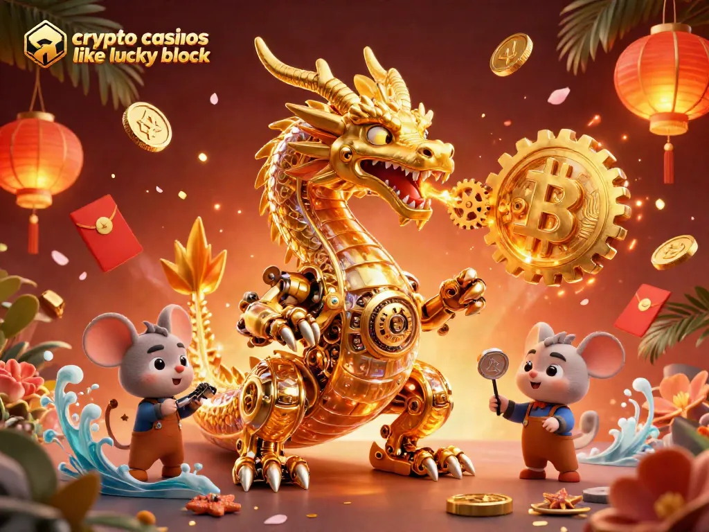 Engage with vibrant crypto casinos like lucky block showcasing golden dragons, Bitcoin coins, and festive elements.