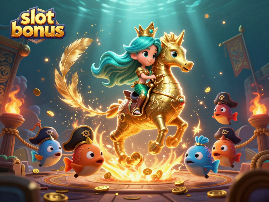 Engage with exciting slot bonus offers as the mermaid princess rides a seahorse amidst colorful casino elements.