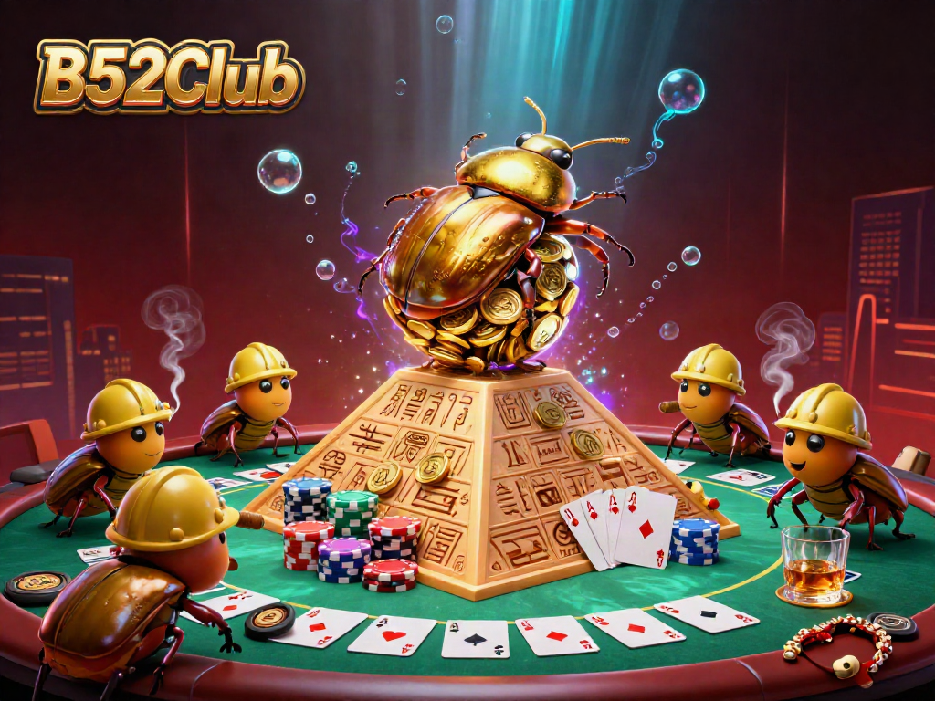 Engage with the excitement of B52Club as a golden beetle rolls coins amidst vibrant game elements.