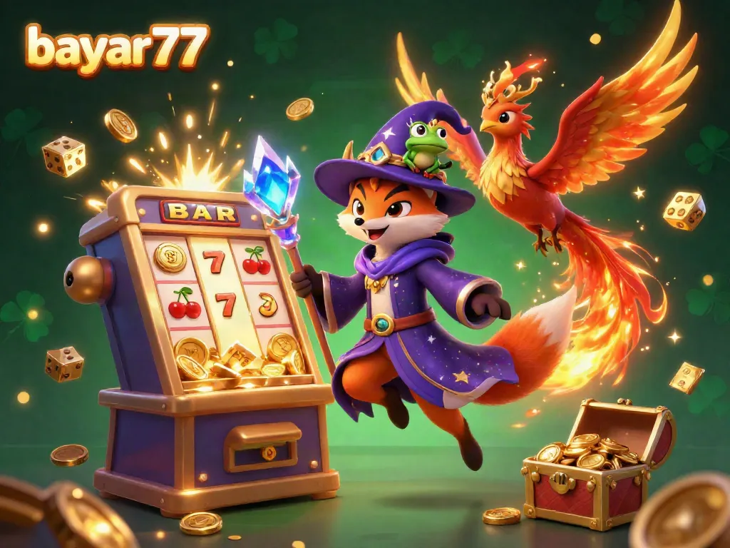 Engage in the vibrant world of bayar77 with a mystical fox wizard and phoenix amongst dynamic casino elements.