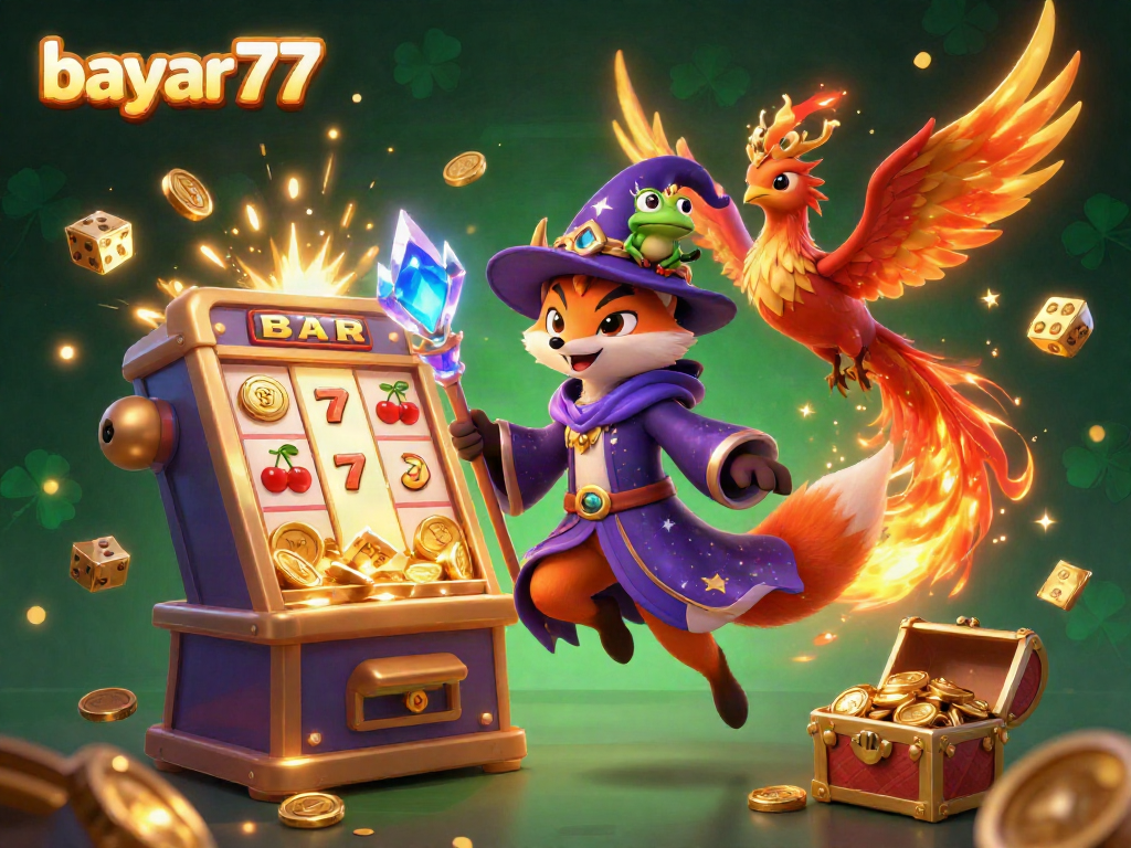 Engage in the vibrant world of bayar77 with a mystical fox wizard and phoenix amongst dynamic casino elements.
