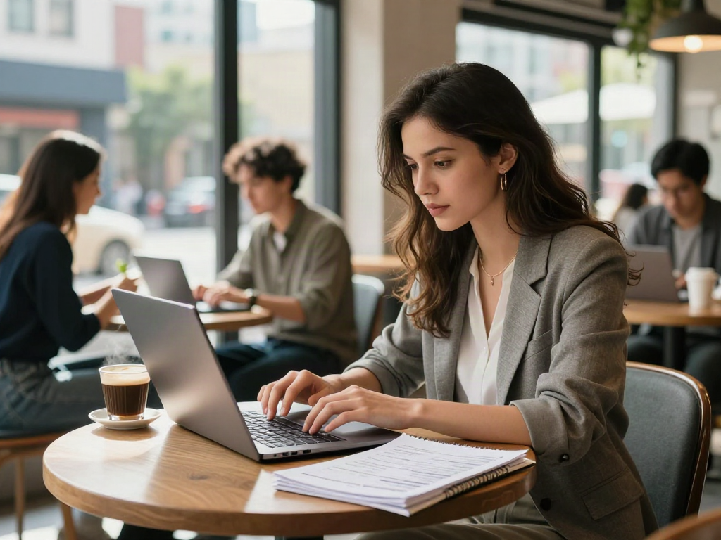 Young professional job seeking at café, browsing หางาน opportunities on laptop.
