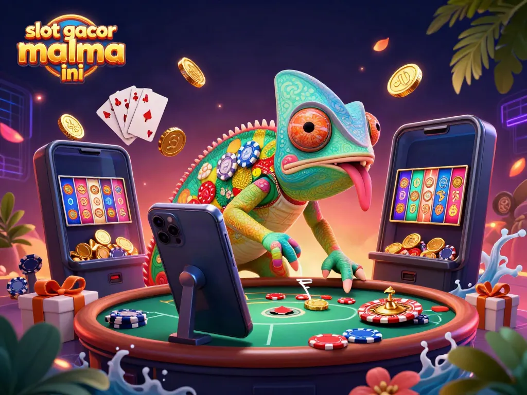 Engage with slot gacor malma ini featuring a vibrant chameleon casino owner amidst dynamic gaming elements.