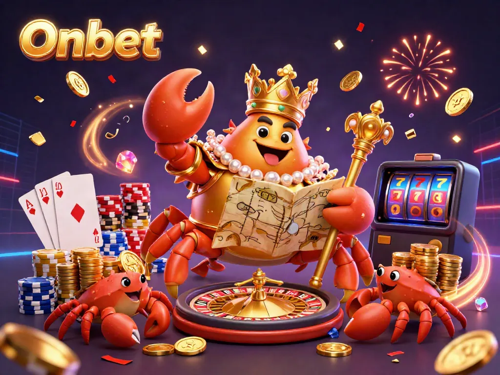 Engage with Onbet's thrilling gaming experience featuring a golden crab emperor amidst a wealth of casino treasures.