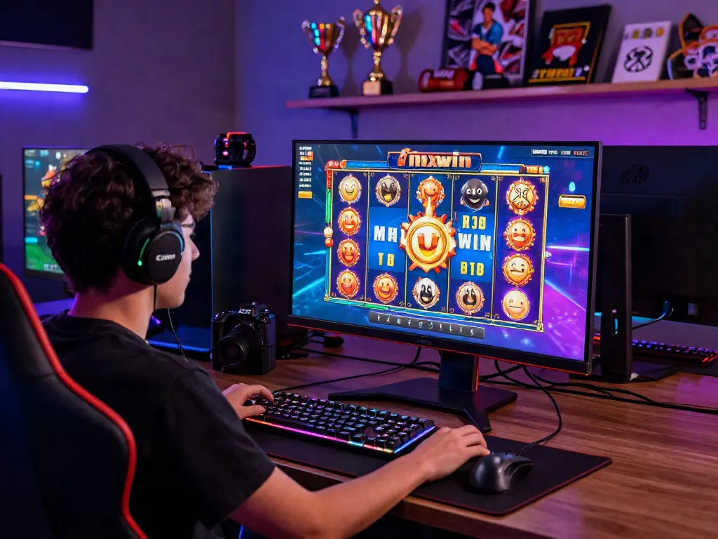 Experience the excitement of slot maxwin as a player enjoys colorful slot games in a dynamic gaming setup.