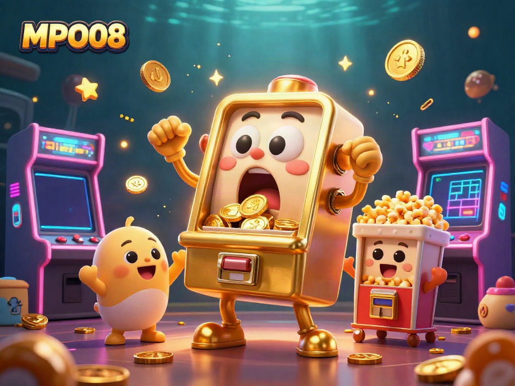 Engage with MPO08 as the golden slot machine hits jackpot, coins pouring from its mouth amidst a vibrant casino scene.