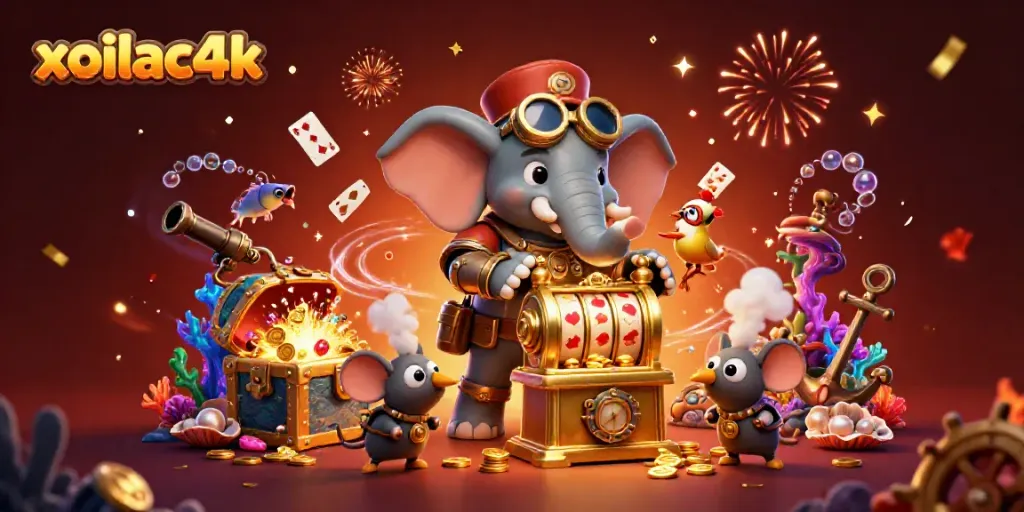 Experience the excitement of xoilac4k with a steampunk elephant at a golden slot machine amidst treasures.