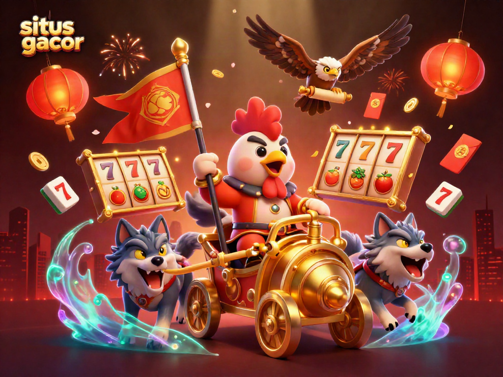 Gambar situs slot gacor dengan karakter utama dan elemen keberuntungan bergerak dinamis.
